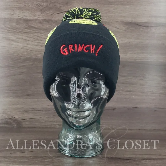 American Eagle Hat Beanie Black Green Grinch Cuffed Pom Christmas